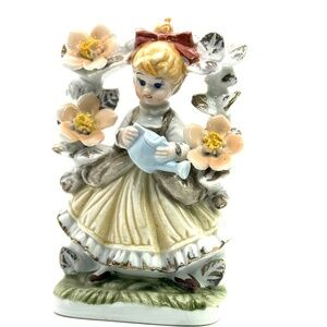 Vintage Girl Holding Watering Can Under Floral Arbor Porcelain Figurine Japan